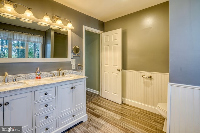 bathroom with vanity, hardwood / wood-style floors, and toilet