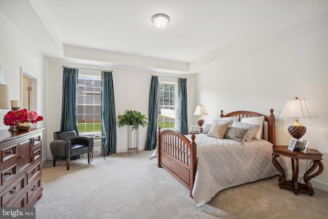 bedroom featuring multiple windows and light colored carpet