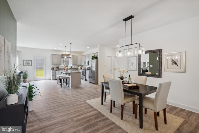 dining space with wood-type flooring and sink