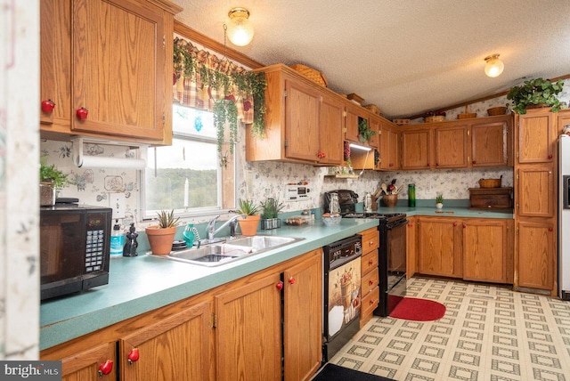 kitchen featuring a textured ceiling, lofted ceiling, sink, and black appliances