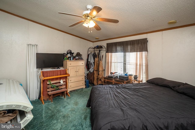 bedroom with carpet flooring, vaulted ceiling, and crown molding