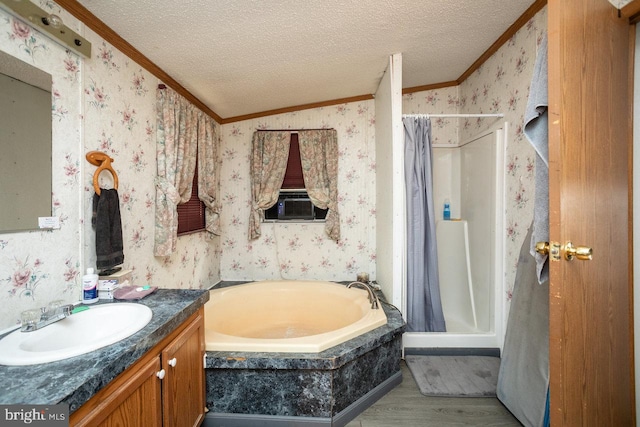 bathroom with vanity, a textured ceiling, independent shower and bath, crown molding, and lofted ceiling