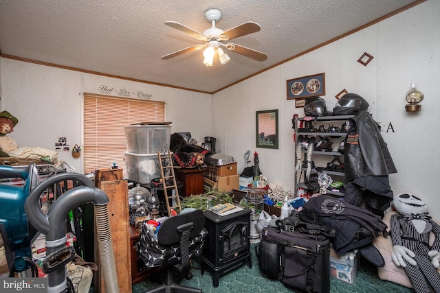 interior space with ornamental molding, carpet floors, a textured ceiling, and lofted ceiling