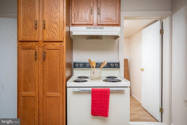 kitchen with brown cabinetry, under cabinet range hood, light wood finished floors, and electric range
