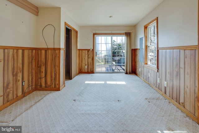 carpeted empty room with wood walls