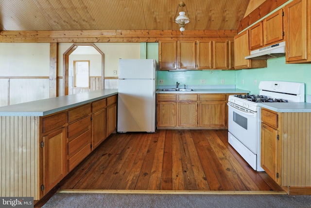 kitchen with pendant lighting, wood ceiling, sink, white appliances, and dark wood-type flooring