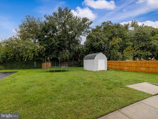 view of yard with a trampoline and a storage shed