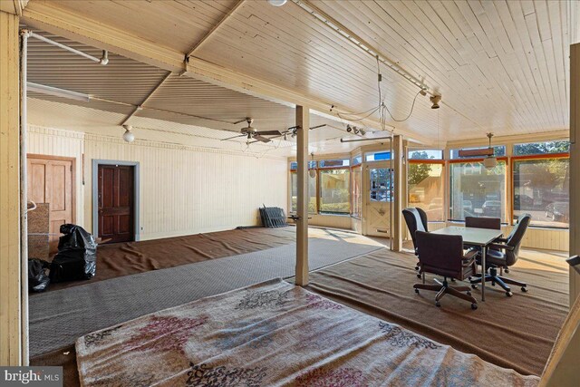 sunroom featuring ceiling fan and track lighting