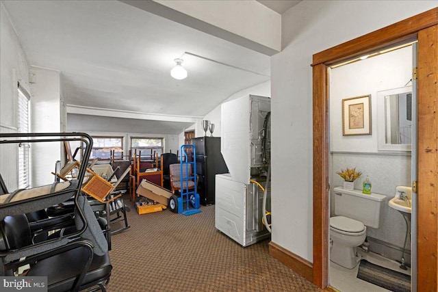 interior space featuring dark colored carpet and vaulted ceiling