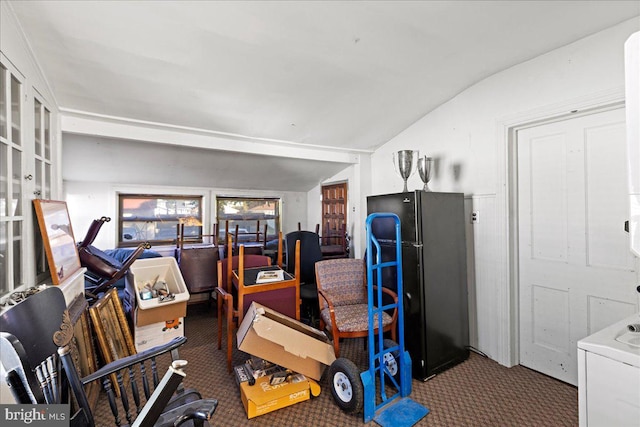 bedroom featuring black fridge, vaulted ceiling, and dark colored carpet