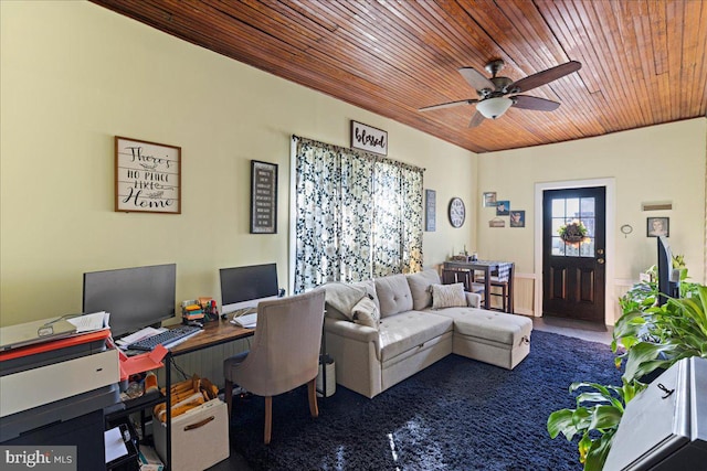 office area with wood ceiling and ceiling fan