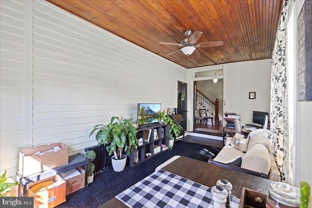 living room with ceiling fan and wooden ceiling