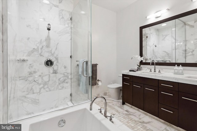 full bathroom with separate shower and tub, vanity, and toilet