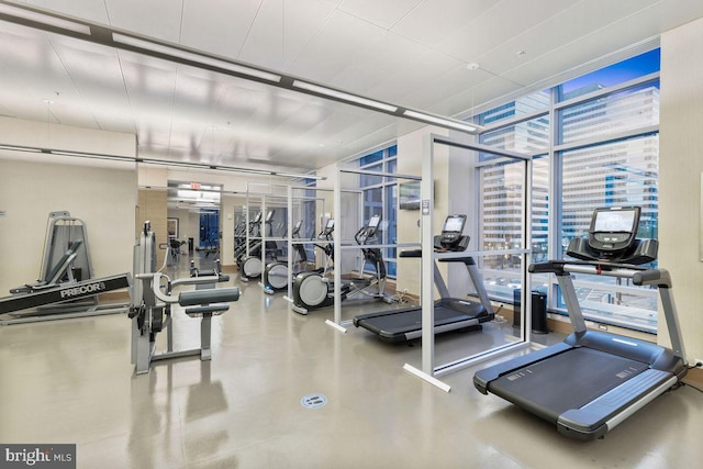 exercise room featuring concrete flooring and a wall of windows