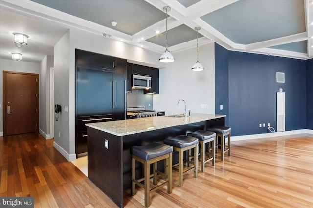 kitchen featuring light hardwood / wood-style flooring, appliances with stainless steel finishes, decorative light fixtures, and sink