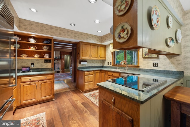 kitchen with black electric cooktop, light hardwood / wood-style floors, and sink