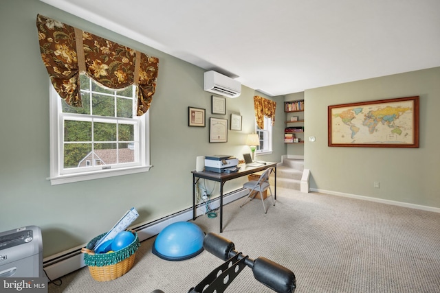 carpeted home office featuring a baseboard radiator and a wall mounted AC