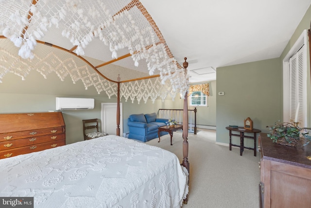 bedroom featuring ceiling fan, light colored carpet, a closet, and a wall mounted air conditioner