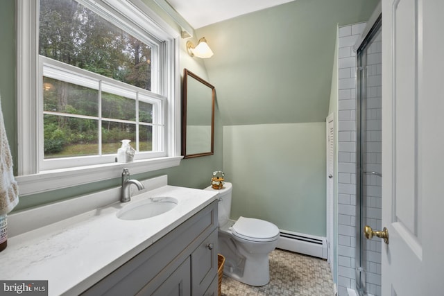 bathroom featuring tile patterned flooring, a baseboard heating unit, toilet, a shower with shower door, and vanity