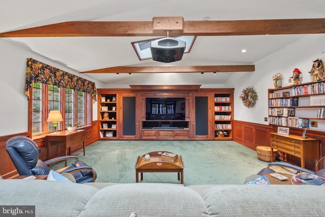 living room with lofted ceiling with skylight and light carpet