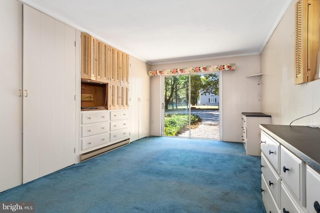 unfurnished bedroom with ornamental molding, access to exterior, and dark colored carpet