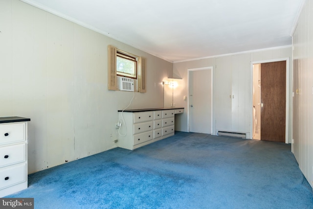 unfurnished bedroom featuring a baseboard radiator, carpet, and crown molding