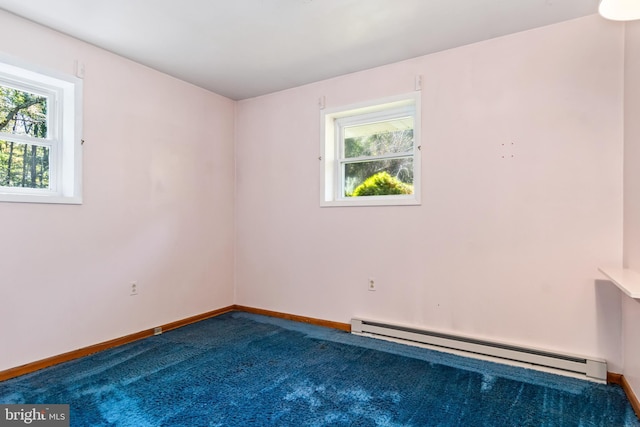 carpeted empty room featuring a baseboard heating unit and a healthy amount of sunlight