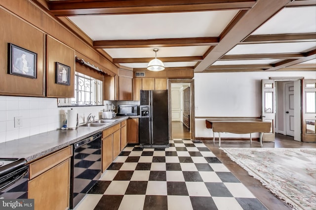 kitchen featuring dark floors, beverage cooler, decorative backsplash, black appliances, and a sink