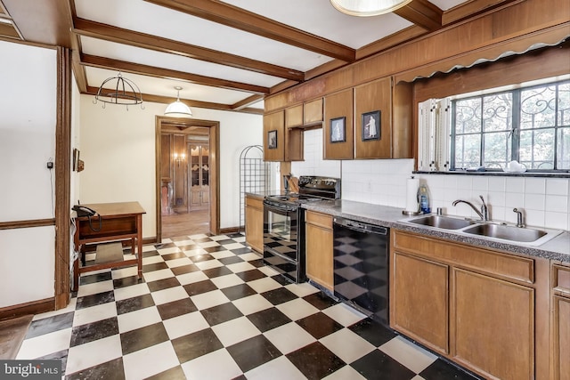 kitchen featuring beamed ceiling, black electric range, tasteful backsplash, wine cooler, and dark floors