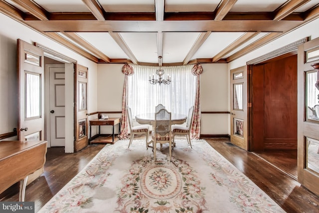 dining area featuring a chandelier, beam ceiling, coffered ceiling, and dark wood-style flooring