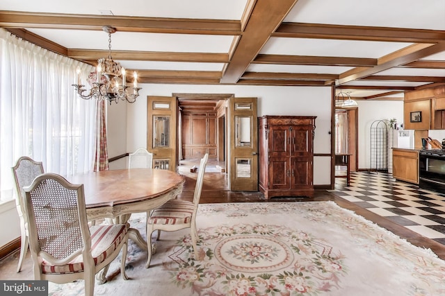 dining space with an inviting chandelier, beamed ceiling, and coffered ceiling