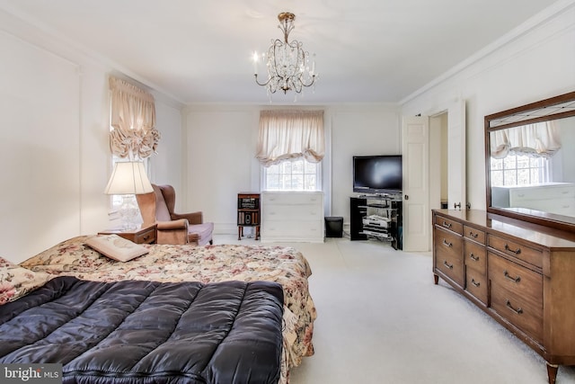 bedroom with a notable chandelier, multiple windows, light colored carpet, and crown molding