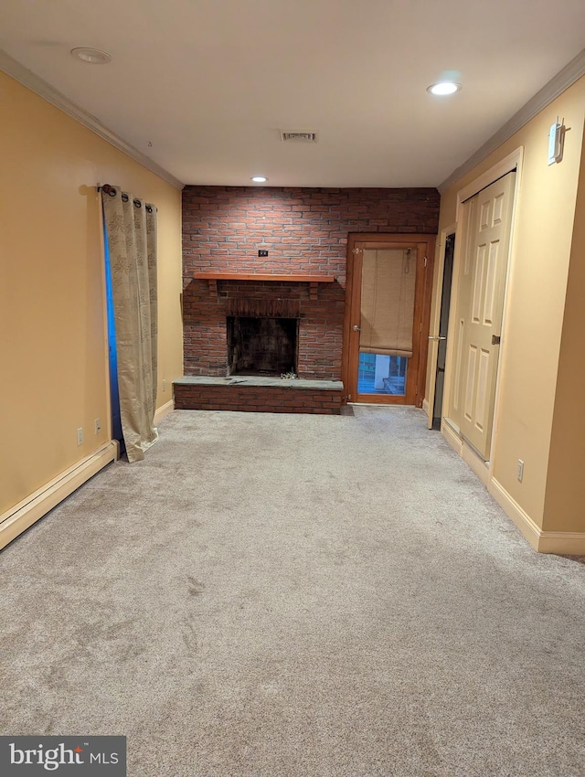 unfurnished living room featuring visible vents, baseboards, a brick fireplace, carpet floors, and recessed lighting