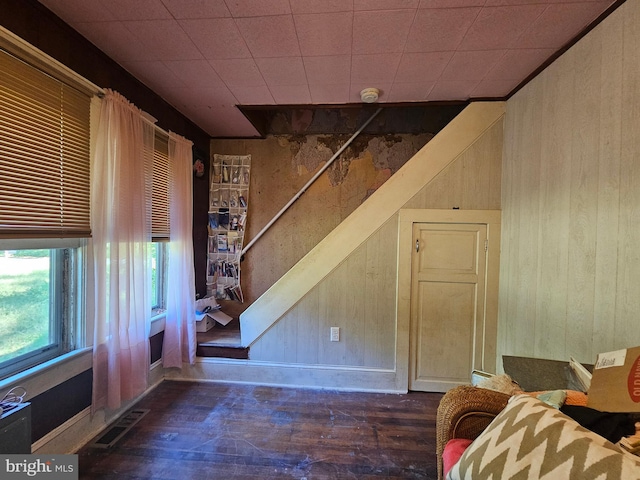 interior space featuring wooden walls and dark hardwood / wood-style flooring