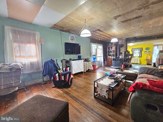 living room with hardwood / wood-style flooring and a wood stove