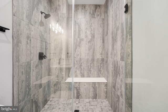 bathroom with a shower with shower door