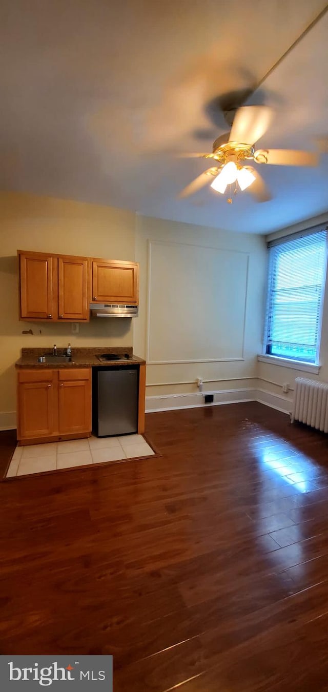 kitchen featuring ventilation hood, sink, light hardwood / wood-style flooring, radiator, and ceiling fan