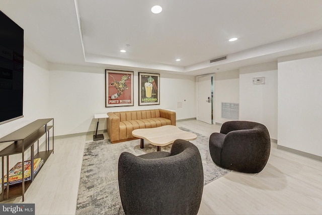 living room featuring a tray ceiling