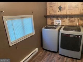 laundry area with separate washer and dryer and dark wood-type flooring