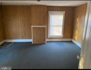 carpeted empty room featuring wooden walls