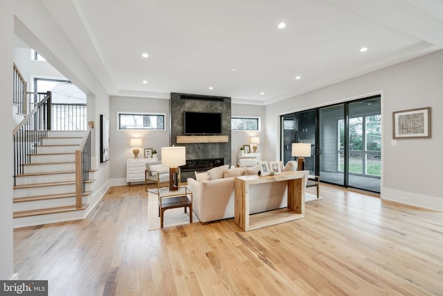 living room featuring light hardwood / wood-style flooring, a premium fireplace, and plenty of natural light