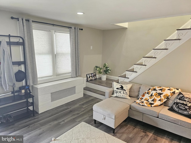 living room with dark hardwood / wood-style flooring