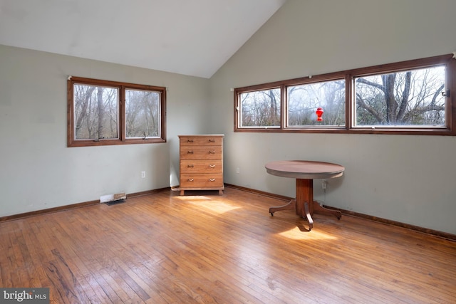 interior space featuring a wealth of natural light, light wood-type flooring, and high vaulted ceiling