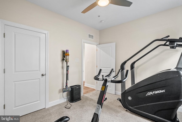 workout room featuring ceiling fan and carpet flooring