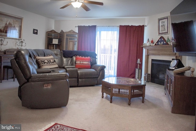 living room with ceiling fan and light carpet