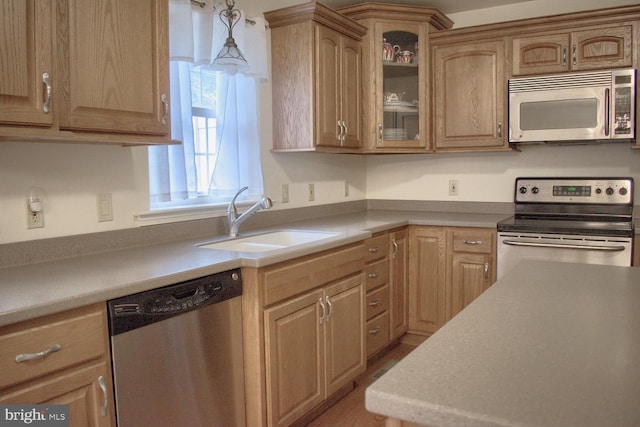 kitchen featuring hanging light fixtures, sink, and stainless steel appliances