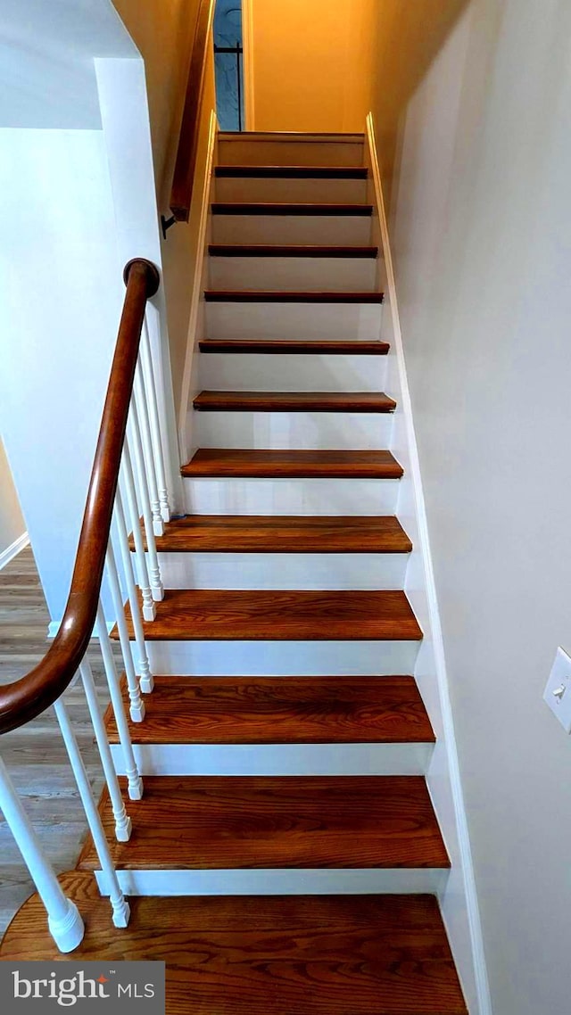 stairs with hardwood / wood-style flooring