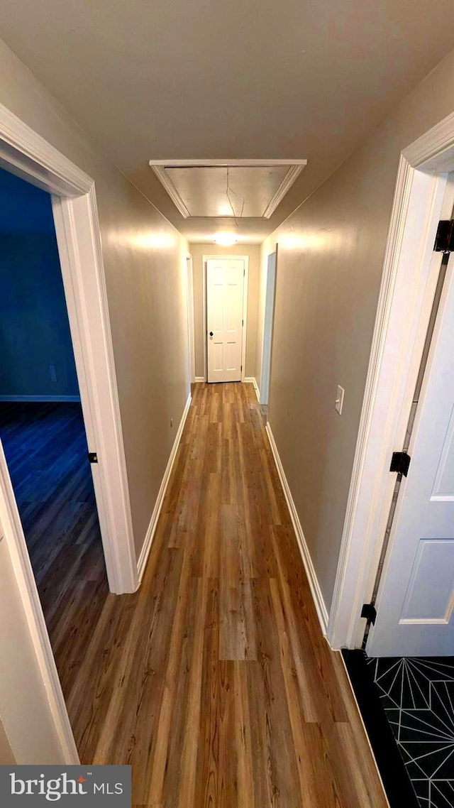 hallway with dark wood-type flooring, ornamental molding, and a tray ceiling