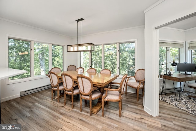 dining space with crown molding, light hardwood / wood-style floors, a baseboard heating unit, and a wealth of natural light