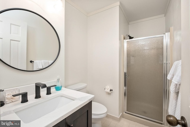 bathroom with walk in shower, tile patterned floors, crown molding, vanity, and toilet